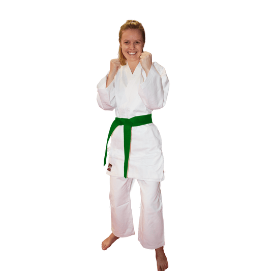 Lightweight 7-ounce karate gi set with top, pants, and white belt. Elastic waist pants with drawstring. Olympus Karate uniform made from high-quality materials for durability and tested for extreme conditions