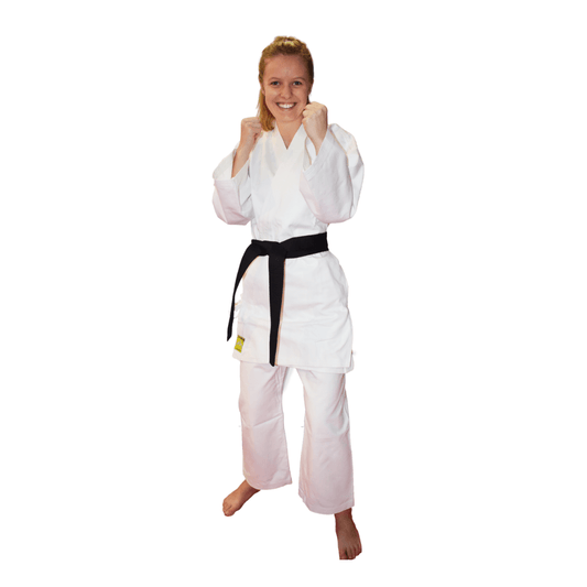 Lightweight 7-ounce karate gi set with top, pants, and white belt. Elastic waist pants with drawstring. Olympus Karate uniform made from high-quality materials for durability and tested for extreme conditions