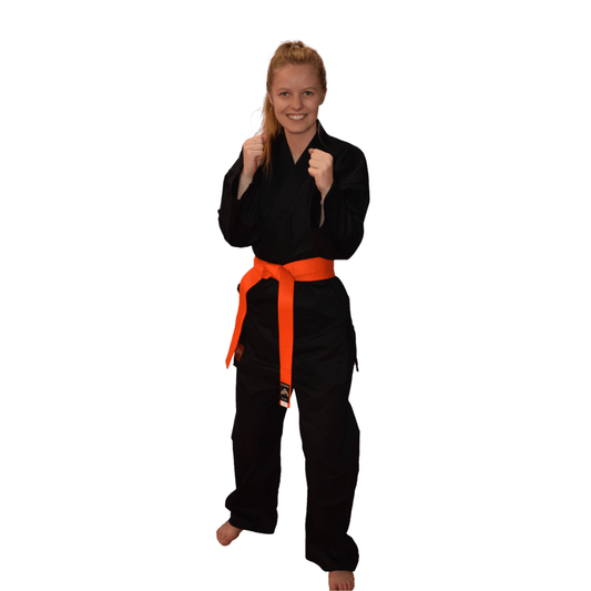 Lightweight 7-ounce karate gi set with top, pants, and white belt. Elastic waist pants with drawstring. Olympus Karate uniform made from high-quality materials for durability and tested for extreme conditions