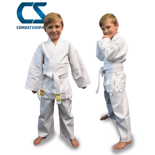 Lightweight 7-ounce karate gi set with top, pants, and white belt. Elastic waist pants with drawstring. Olympus Karate uniform made from high-quality materials for durability and tested for extreme conditions